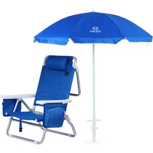 Nice C Blue Backpack Beach Chair with Cooler and Umbrella, 5 Position Reclining Beach Chair for Adults, with Cup Holder, Cooler Bag, for Outdoor, Camping, BBQ, Travel, Picnic (1 Pack)