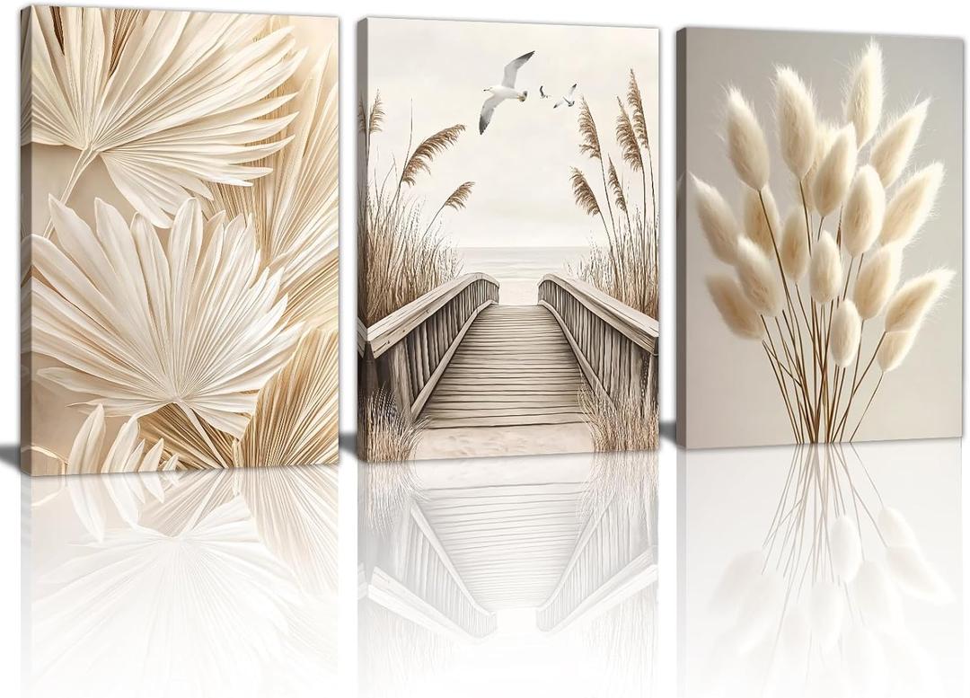 3 Pcs Beige Reeds Botanical Framed Canvas Wall Art Neutral Palm Fronds Wall Paintings Quiet Beach Landscapes Art Prints Picture Home Decor for Bedroom Living Room Office Reay to Hang 16"x24"
