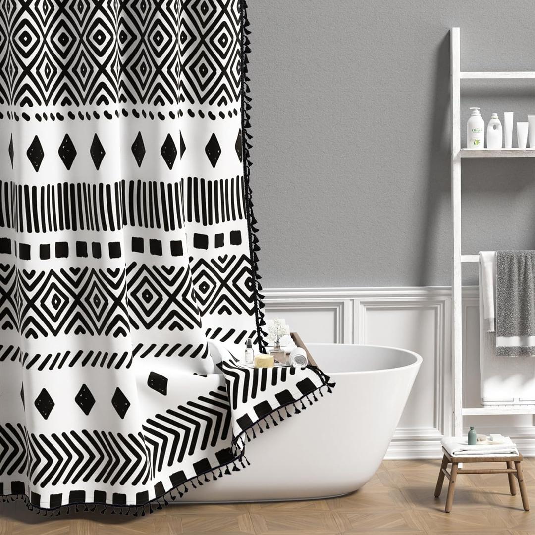 AOFOTO Bohemian Shower Curtain Black and White Geometric Design Shower Curtains with Black Tassel Boho Pattern Shower Curtains for Bathroom Waterproof Fabric Bath Curtain Sets with Hooks 47x70 Inches