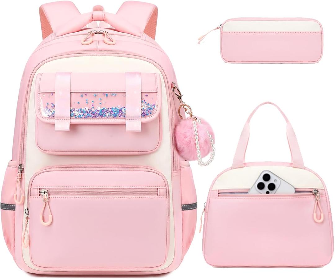 Backpack for Girls,3Pcs Elementary Kids School Bag,Middle Students Teen Girls Backpack,Kawaii Book bag ages 6-12 Pink White