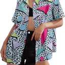 80s 90s Outfits for Women Retro Theme Party Disco Shirt 80s Hawaiian Shirt Neon Button Down Short Sleeve Blouse Tops