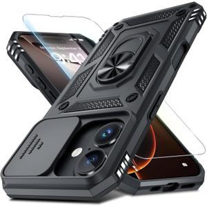 Janmitta Case for iPhone Xs Max Phone Cover Built in Slide Camera Lens Cover+Screen Protector,Heavy Duty Shockproof Full Body PhoneCase with Finger Ring Holder Kickstand,Black