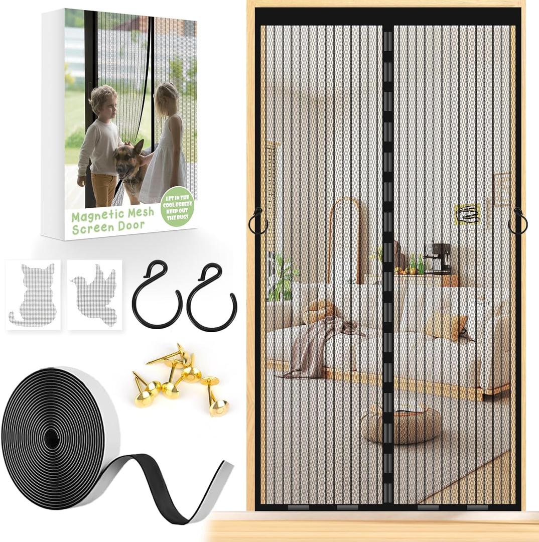 Magnetic Screen Door Closure Fit Door Size 34 x 82 Inch, BSHANO Mesh Door Curtain Screen Size 35 x 83-60 Powerful Magnets, Heavy Duty, Hands Free Mesh Partition Keeps Bugs Out-Pet and Kid Friendly (Fit Door Size To 34" x 82", black-Heavy Duty)