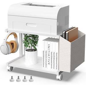 VEDECASA 2 Tier Modern White Wooden Under Desk Printer Stand with Storage Bag for Home Office Desktop Printer Table Organizer Mobile Printer Shelf Cart with Caster Wheel (White)