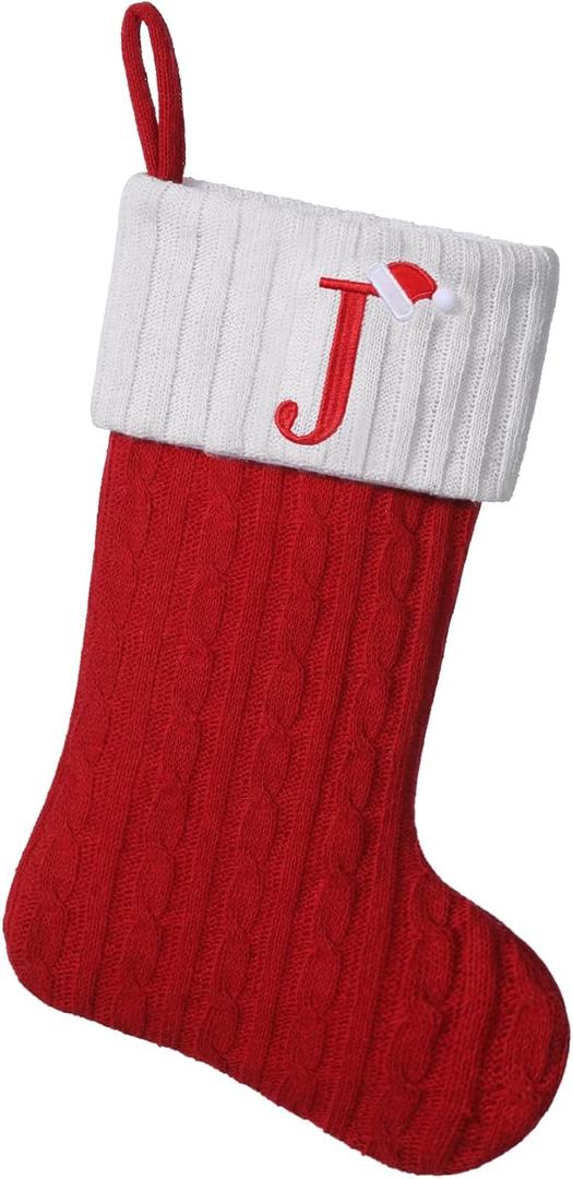 19.5 inch Red Knit Christmas Stockings,Personalized Embroidered Letter Christmas Stocking,Family Holiday Xmas Party Decor (Initial R)