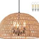 17.6 inch Hemp Rope Woven Pendant Light Wicker Pendant Light 3-light Rattan Light Fixture Boho Chandelier Farmhouse Chandelier Dome Pendants Light for Dining Room Bedroom Kitchen(Bulb Incl