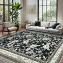 Black Floral Rug 5x7 Machine Washable Area Rug for Living Room Vintage Boho Farmhouse Low Pile Distressed Carpet for Dining Room, Bedroom Indoor Non-Slip Black Beige Taupe Flower Design Home Decor
