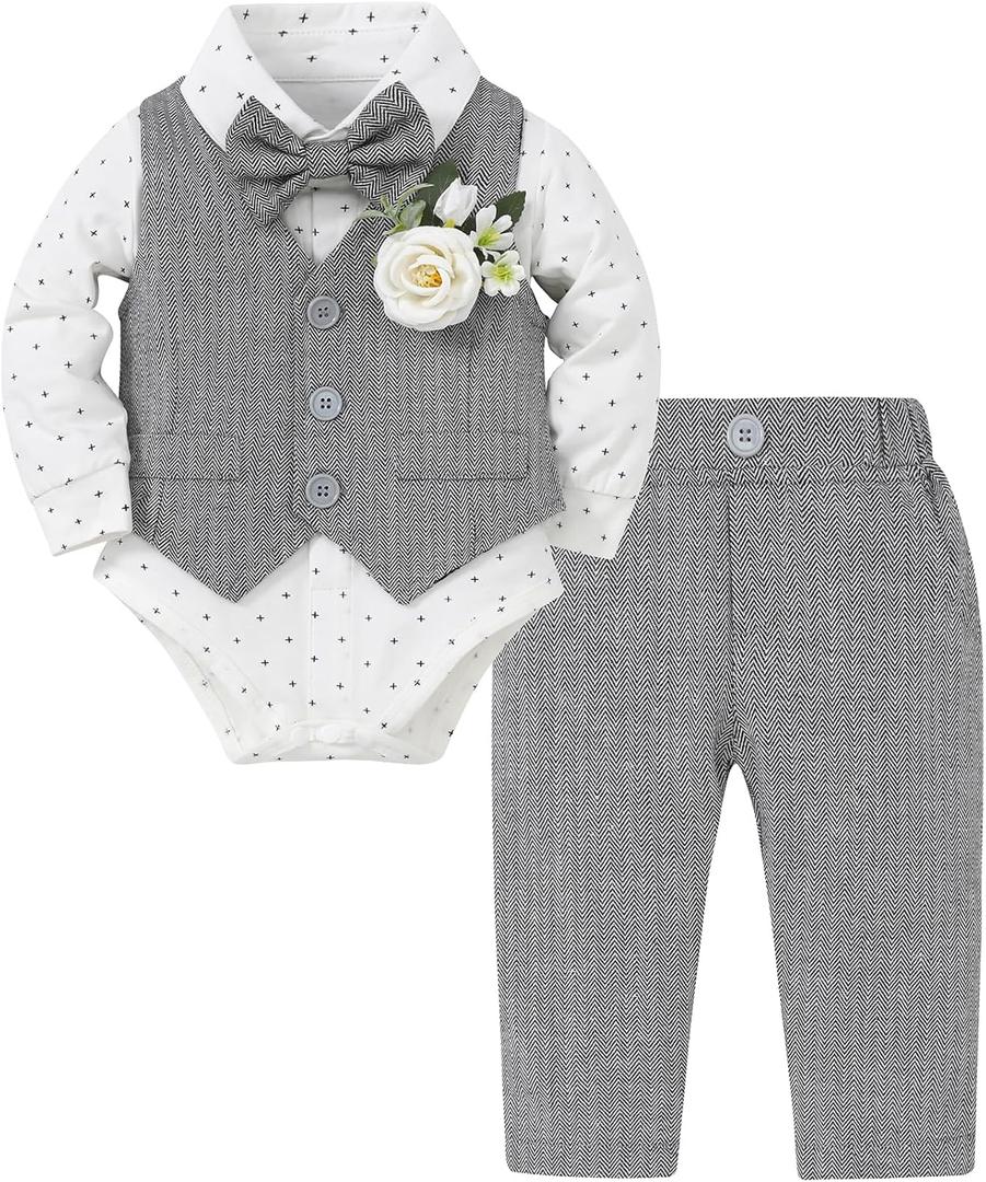 Coco&RARA Baby Boy Clothes Suits Infant Gentleman Outfits, Formal Dress Shirt+Vest+Corsage+tie+Pants Baby Suit Set 0-18M (12-18 Months, Grey)