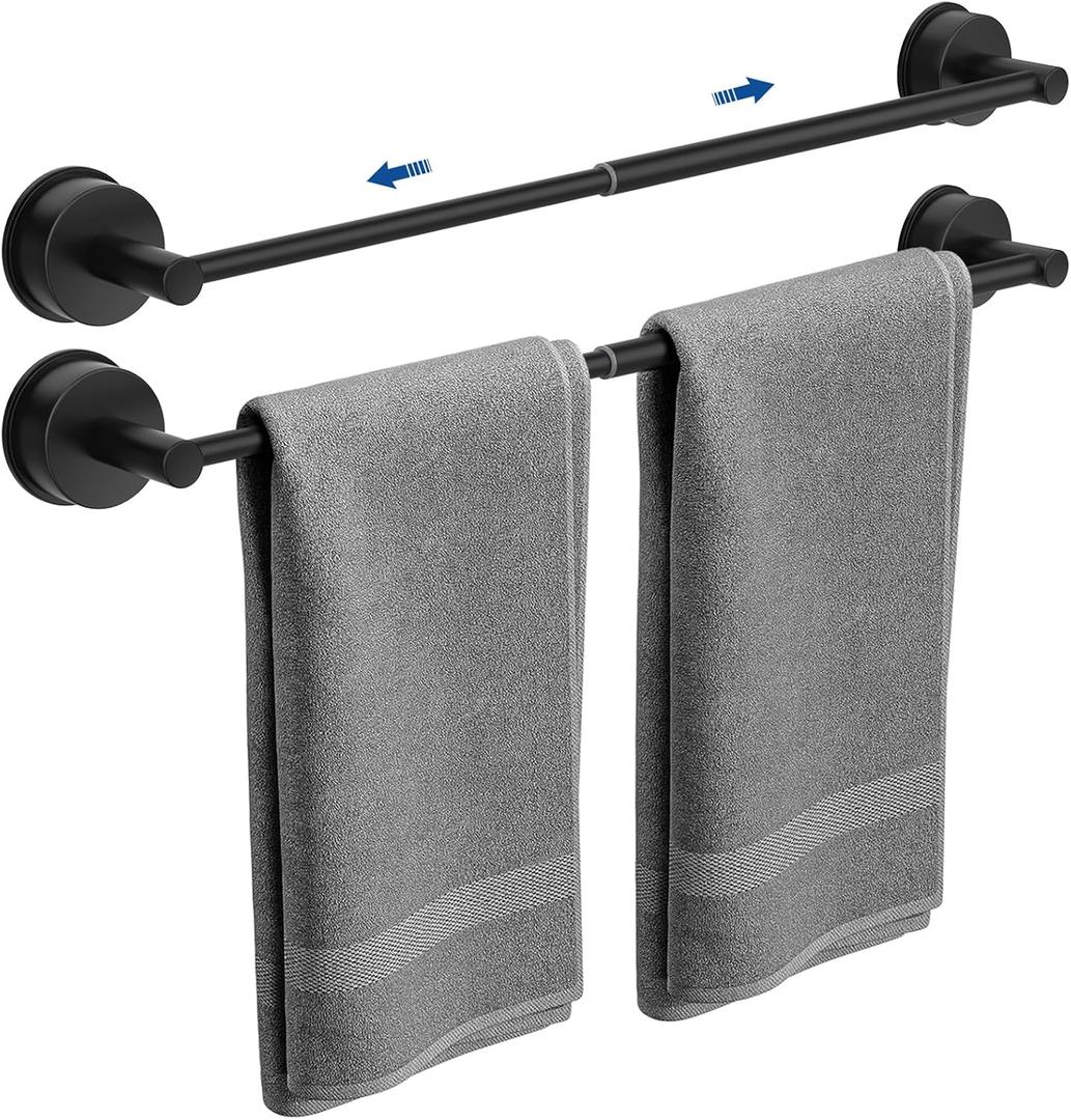 Adjustable Suction Cup Towel Bar for Bathroom Wall, 14.624 Inches Black Towel Bar, Stainless Steel Bath Towel Holder, Towel Racks for Bathroom Shower (Matte Black, 2 Pack)