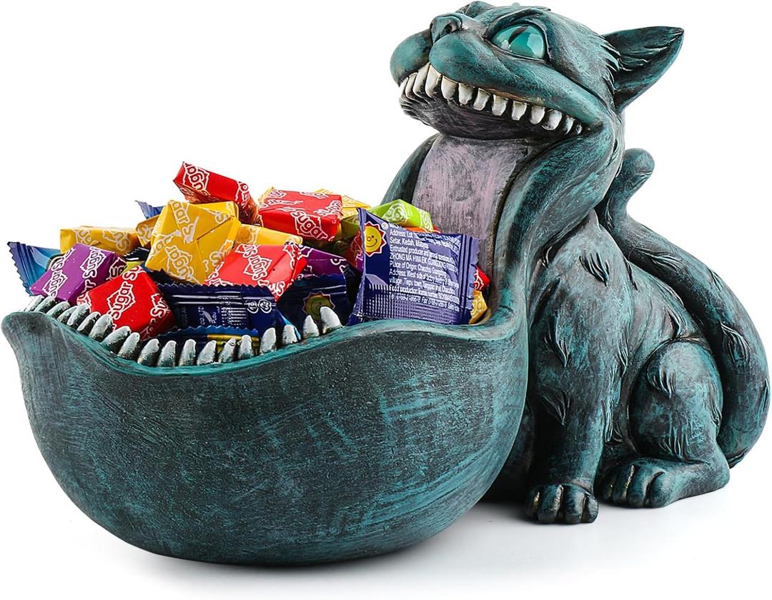Cat Candy Bowl Cheshire Cat Statue Large Candy Dish for Office Desk Key Bowl for Entryway Table Indoor Planter Decorative Bowls for Home Big Mouth Cat Gifts (Blue)