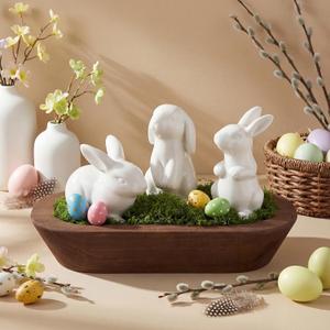 Bucherry 5 Pack Easter Bunny Decoration 3 Ceramic Bunny Figurines 1 Wooden Dough Bowl 1 Pack 50g Artificial Moss for Easter Party Table Centerpiece Corner Ornaments Home Display