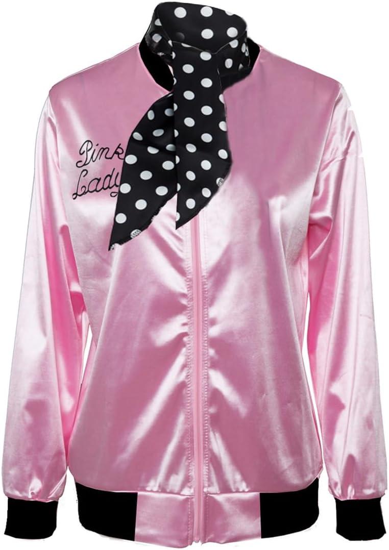 50s Ladys Pink Satin Jacket Halloween Cosplay Costume Pink Jacket with Neck Scarf (X-Small)