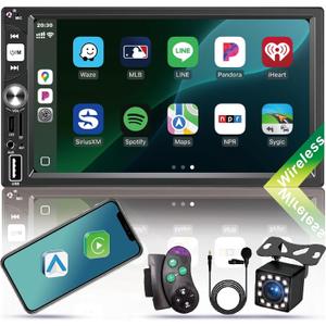 Double Din Car Stereo with Wireless Apple CarPlay & Android Auto,7 Inch IPS Touchscreen, Bluetooth 5.2,FM Radio, Backup Camera, Steering Wheel Control, USB Fast Charging, RCA Outputs, Subwoofer Support