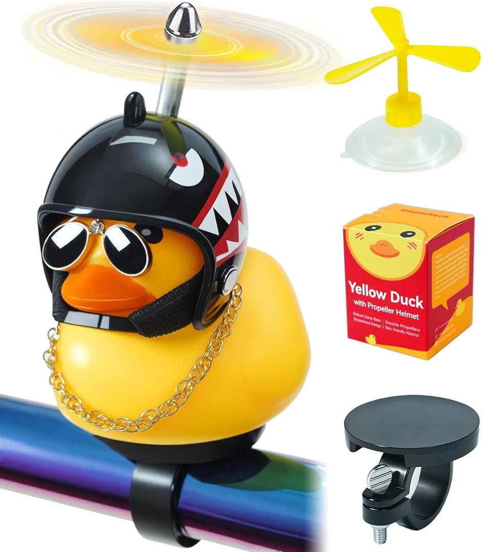 Rubber Duck Bike Decorations [New Stable Clamp Mount] Cute Squeak Duck Bike Bell [Two Helmet Propeller] Funny Bike Accessories E Scooter Motorcycle Cycling Gifts (Black Shark)