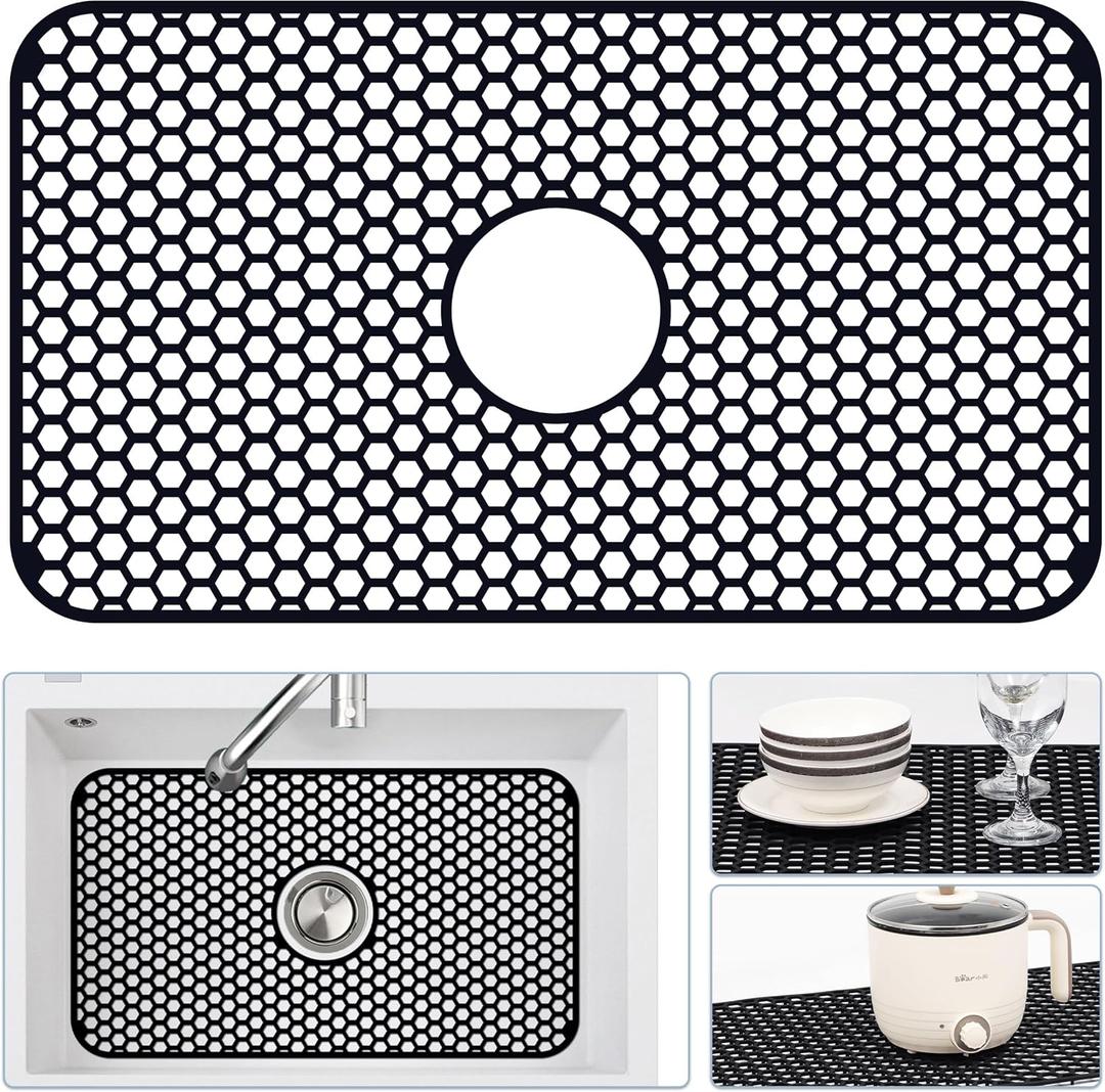 Bestjing Silicone Sink Protectors for Kitchen Sink with Center Drain, 26"x 14" Kitchen Grid Accessory, Non-Slip Heat-Resistant Mat for Bottom of Farmhouse Porcelain Stainless Steel (Center Hole,Black)