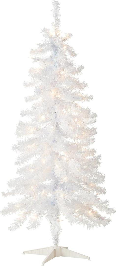National Tree Company 4 ft Pre-Lit Mini Artificial Christmas Tree, White Iridescent Tinsel, 70 Clear Lights, 110 Tips, Includes Stand