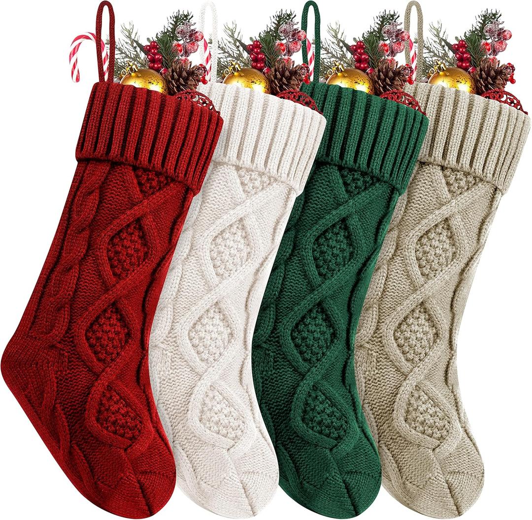 Fesciory 4 Pack Personalized Christmas Stockings 18 Inches Large Size Cable Knitted Stocking Gifts & Decorations for Family Holiday Xmas Party, Burgundy&Ivory&Green&Khaki