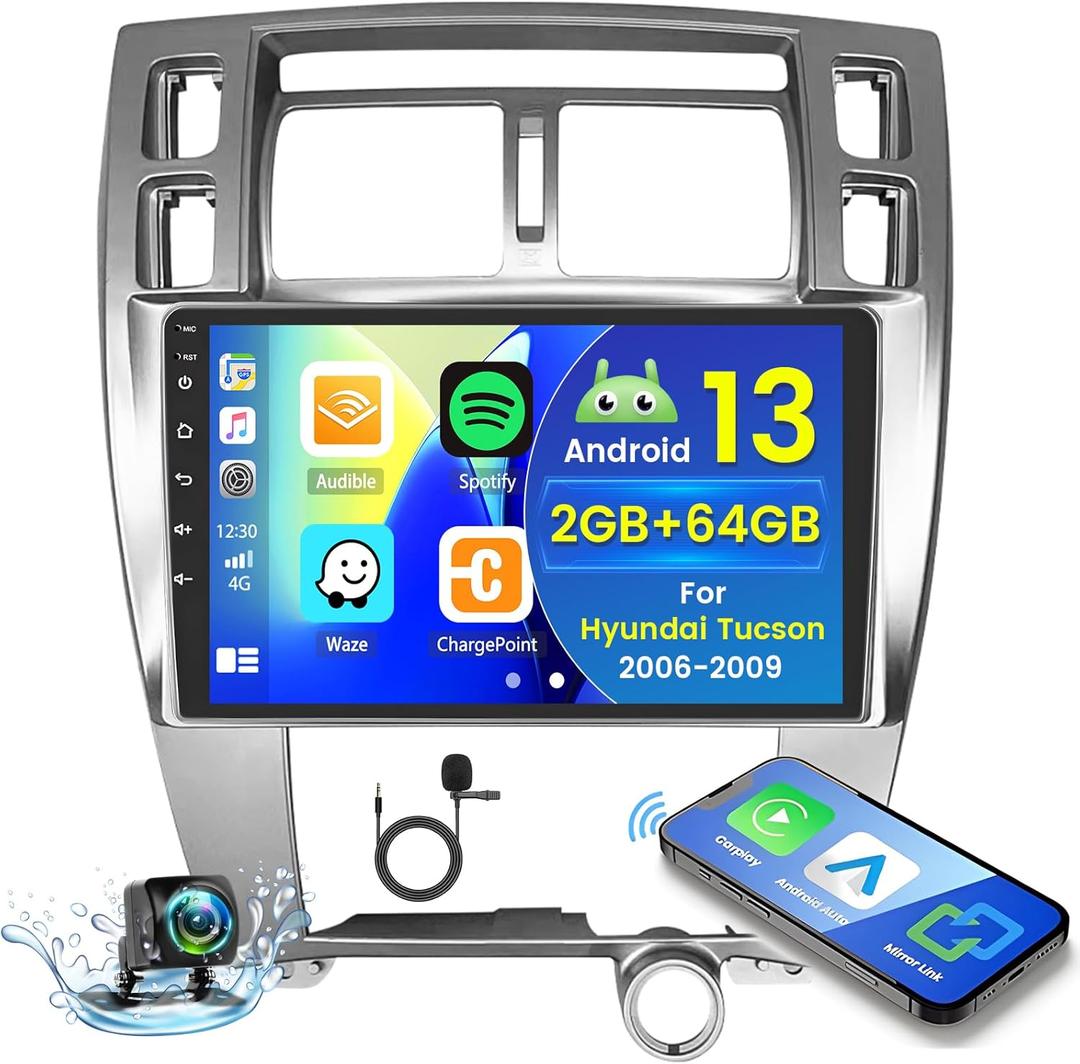 Hikity for Hyundai Tucson 2006-2009 Android Car Stereo Radio with Wireless Carplay Android Auto, 2+64G 10.1 Inch Touchscreen Radio WiFi GPS Navigation Bluetooth FM RDS EQ Mirror Link