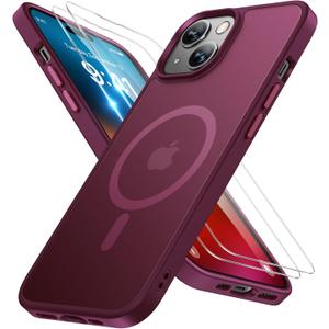 Miracase Magnetic for iPhone 15 Case (Compatible with MagSafe)with 2X Screen Protectors Military-Grade Protection, Anti-Fingerprint Translucent Matte Phone Cover for iPhone 15 6.1 inch, Wine Red