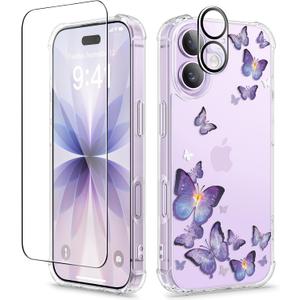 GVIEWIN for iPhone 17 Case, with Screen Protector+Camera Lens Protector, [NonYellowing] Clear Floral Slim Shockproof Protective Hard PC Back Women Phone Case for iPhone 17 6.3", Alluring Butterfly