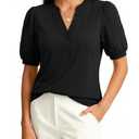 Uhiger Black Blouses for Women Henley V Neck Embroidered Eyelet Puff Sleeve Female Plus Size Summer Outfits (XXL)
