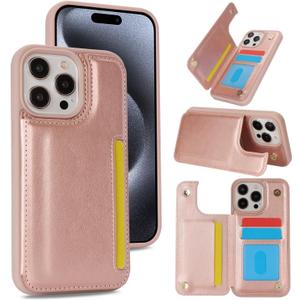 iCoverCase Compatible with iPhone 15 Pro Wallet Phone Case with Card Holder for Women Men, [RFID Blocking] Card Slots PU Leather Protective Wallet Case 6.1 Inch (Rose Gold)