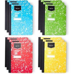 Amazon Basics Composition Notebook, College Ruled, 100 Sheets, 9.75" x 7.5", Assorted Marble Colors, 12-Pack