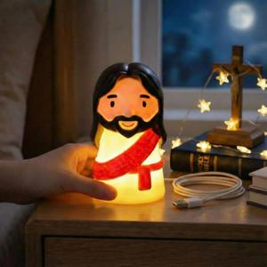 Cute Jesus Night Light, Jesus Gift, Dimmable PVC Christian Lamp, USB Rechargeable Touch Bedside Light, Baptism Favor, Easter & Religious Gifts (3 x 5 Inch)(Red)