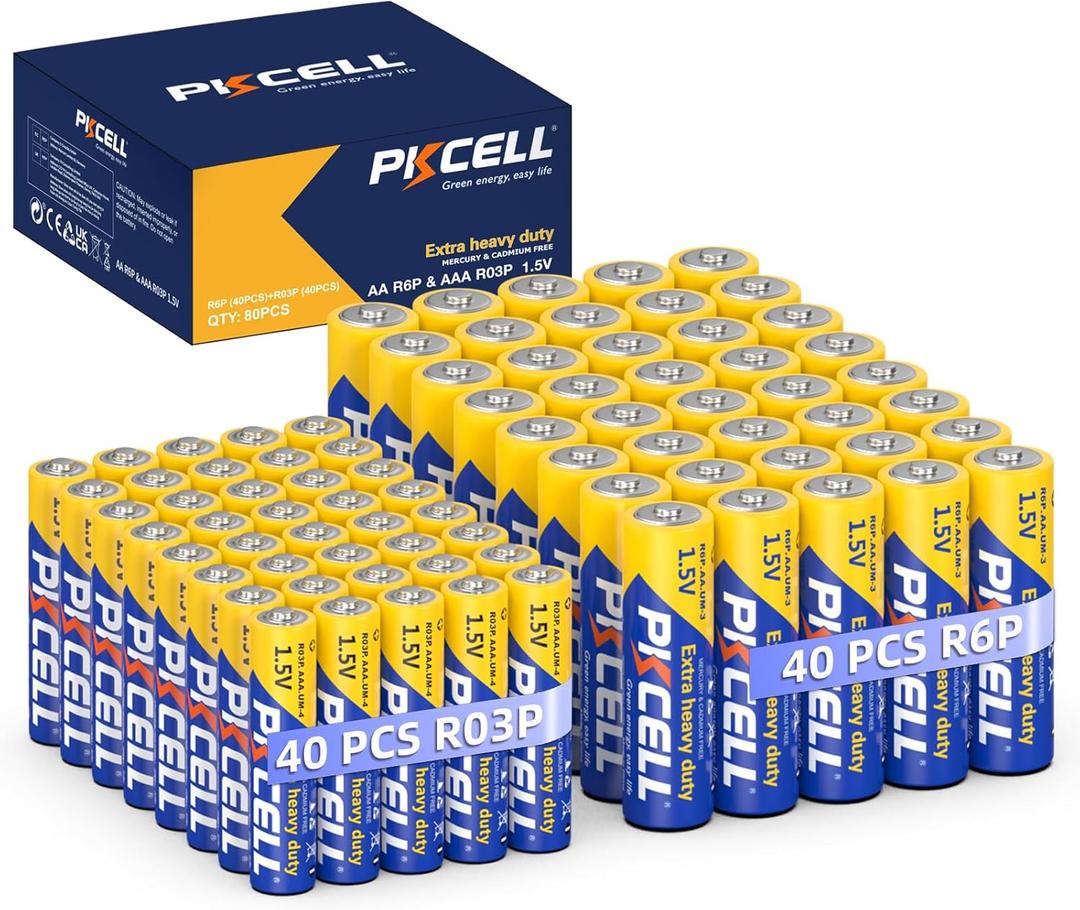 PKCELL AA Batteries & AAA Batteries, 40 Double A Batteries and 40 Triple A Batteries Combo Pack (80 Count), 1.5V High-Performance Carbon Battery