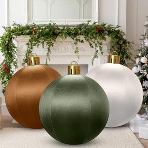 Jetec 3 Pcs 24 Inch Giant Velvet Christmas Inflatable Ball Ornament Large Flocked Inflatable Ball PVC Hanging Ornaments for Christmas Indoor Outdoor Blow Up Holiday Yard Decor(Green, Brown, Beige)