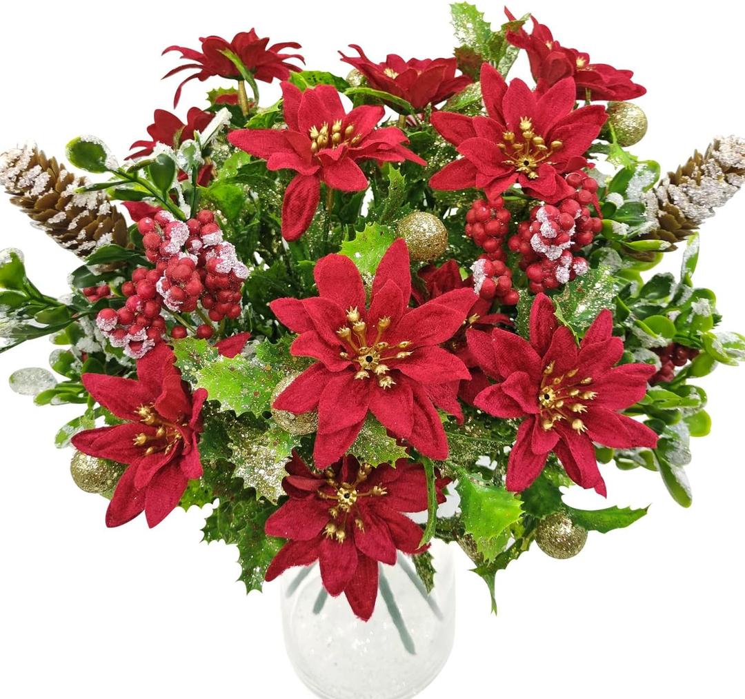 4 Pack Christmas Flowers Artificial Velvet Poinsettias with Glitter Balls Pine Cones Fake Berry Bouquet Winter Flowers Ornaments for Vase Party DIY Indoor Table Centerpieces Cemetery Xmas Decorations