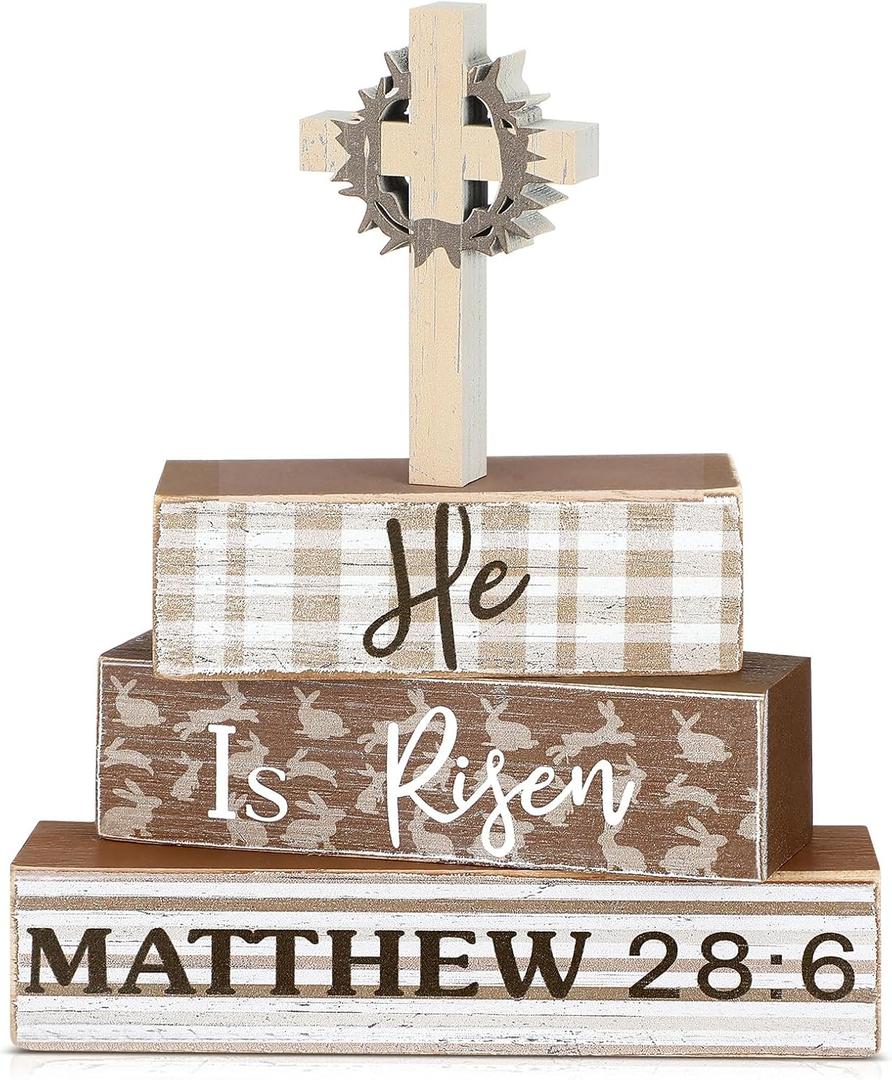4 Pcs Easter Table Decorations He is Risen Wooden Sign Religious Christian Cross Centerpiece Easter Blocks Tiered Tray Decor Farmhouse for Kitchen Shelf Home