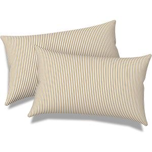 Outdoor Lumbar Pillows, Water Repellent Cushion Pillows 12x20 Inch, Outdoor Pillows with Inserts for Home Garden, Pack of 2, Stripe Beige