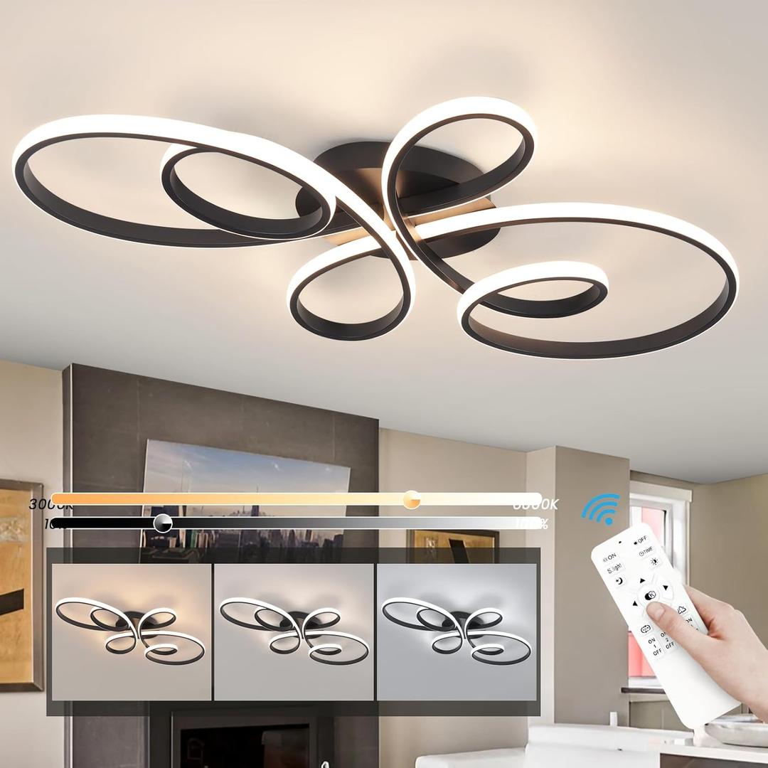 66W Modern LED Ceiling Light, Flower Flush Mount Light Fixture with Remote Control Black Dimmable Ceiling Lamp for Living Room, Bedroom, Dining Room, Hallway, Kitchen (Black,31.89Inch)