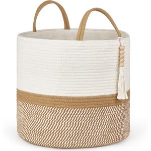 Mkono Woven Storage Basket Decorative Natural Rope Basket Wooden Bead Decoration for Blankets,Toys,Clothes,Shoes,Plant Organizer Bin with Handles Living Room Home Decor, 16"W13.8"L, White and Brown