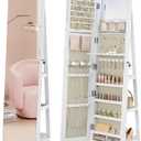 SONGMICS 6 LEDs Lockable Mirror Jewelry Cabinet, 360 Swivel Jewelry Organizer Armoire Standing, Frameless Full-Length Mirror, 3 Storage Shelves, White Surface, Greige Lining UJJC007W02V1