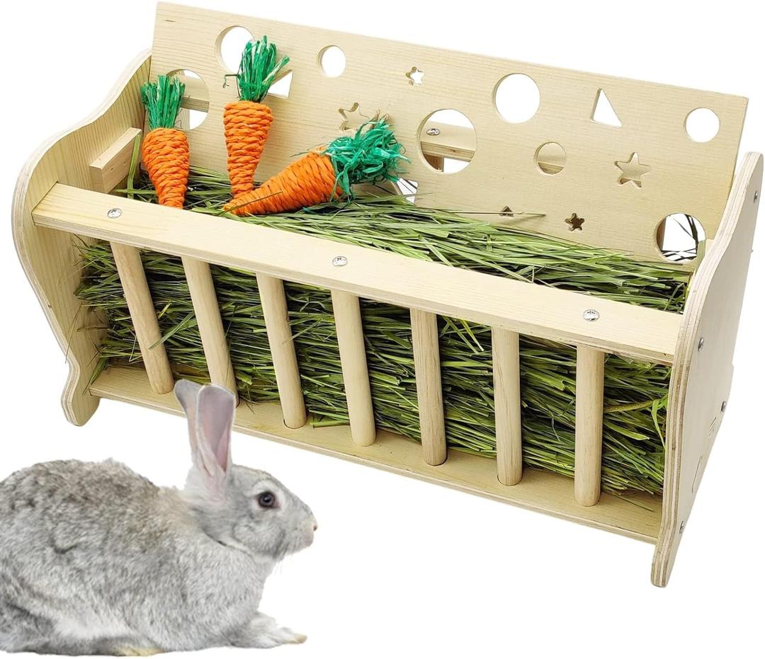 Hamiledyi Wooden Small Animal Hay Feeder - Rabbit, Guinea Pig, Chinchilla Cage Accessory, Hay Saver Rack & Dispenser for Small Pets