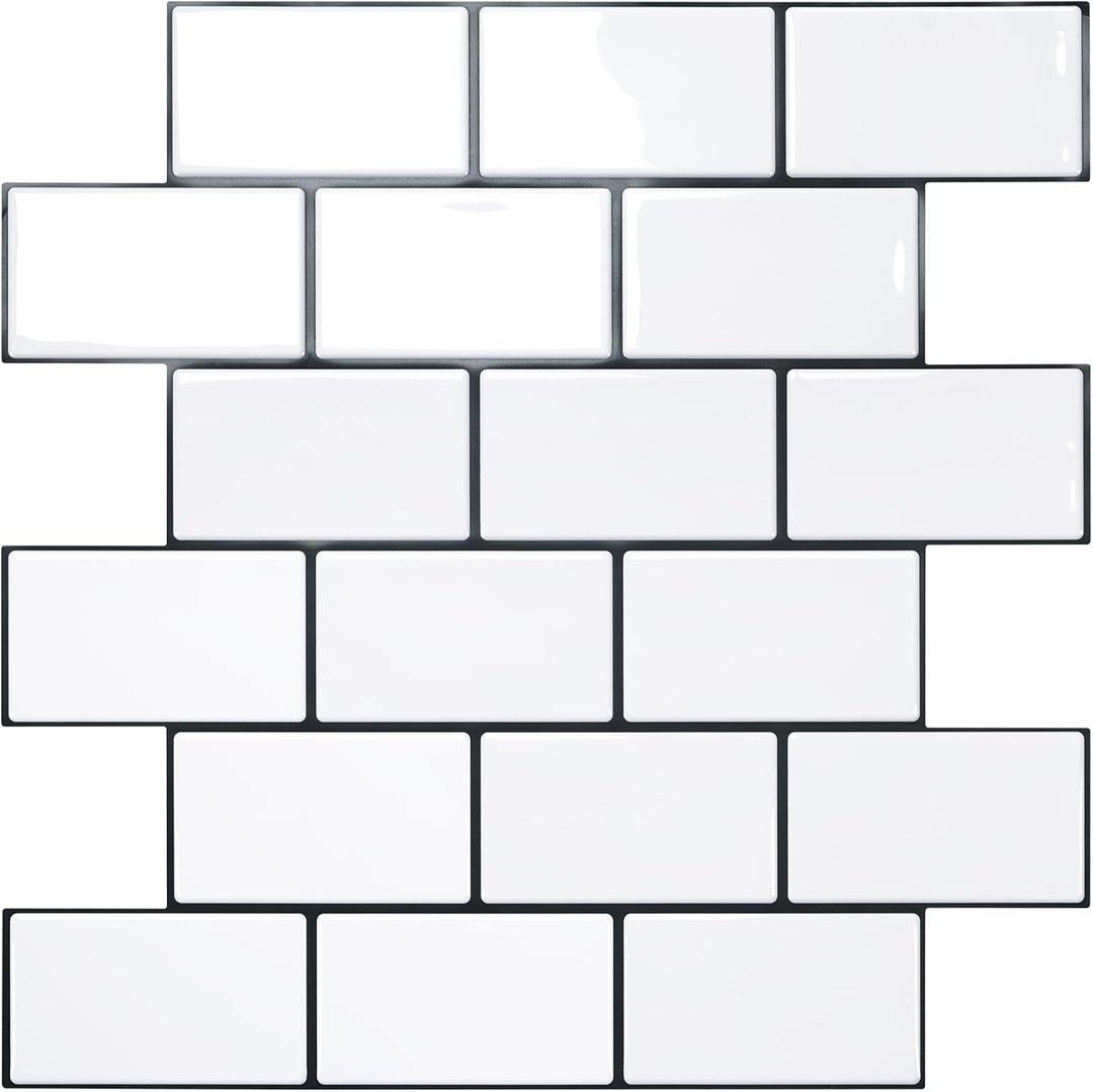 STICKGOO 10-Sheet Peel and Stick Backsplash, White Subway Tile Stick on Backsplash for Kitchen (Thicker Design) (Cold White With Black Grout)