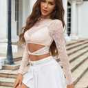 Avidlove Womens Long Sleeve Mesh Top Mock Neck Sexy See Through Shirt Cut Out Floral Lace Tops（with Bra (Beige, L)
