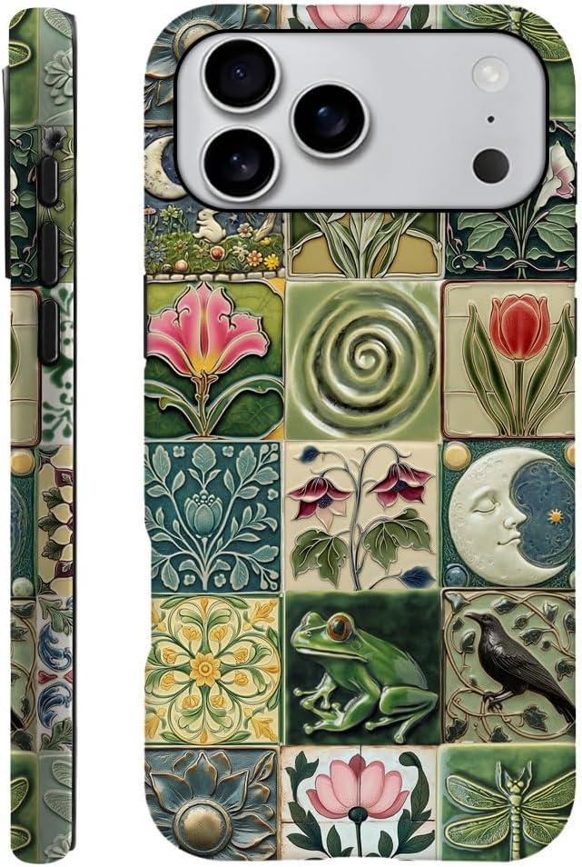 DAIZAG Case Compatible with iPhone 17 Pro Max,Durable Shock Protection Cover for Girl Women,Vintage Tile Nature Floral Frog