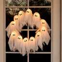LED Light Up Halloween Ghost Wreath for Front Door, Cute Spooky Party Decor