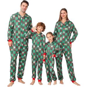 ANGELGGH Family Matching Christmas Onesie Pajamas, Vacation Cute Printed One Piece Pajamas, Xmas Hooded Holiday Sleepwear (Green, M)