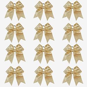 DEEKA 12 PCS 7" Large Glitter Cheer Bows Shiny Cheer Hair Bows Ponytail Holder Handmade for Cheerleader Girls Softball Sports -Gold