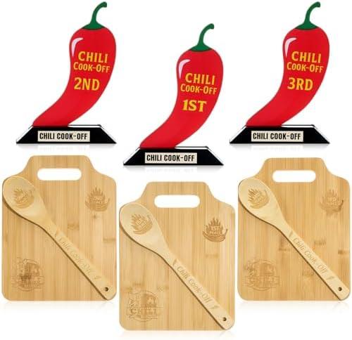 Acellegic 3 Set Chili Cook Off Trophies Prizes 3 Wooden Cutting Boards with Handle 3 Wooden Spoon 3 Chili Cook Off Trophies Awards 1st 2nd 3rd Place Competition Gifts for Men Women Festivals Prizes