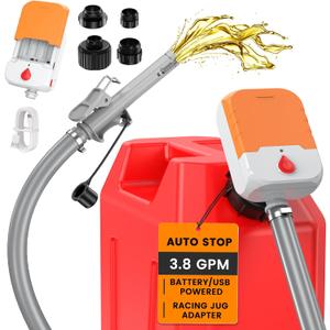 Fuel Transfer Pump with Auto-Stop,3.8 GPM Flow, 51'' Heavy Duty PVC Hose, Battery or USB Powered Gas Can Pump with 4 Can Adapters, No Spill Sensor, Portable Fuel Pump for Oil, Diesel, Gasoline