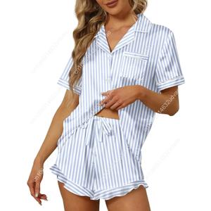 SAPJON Satin Silk Pajamas for Women 2Pcs Ruffle Notch Collar Sleepwear Button Down Short Sleeve Shorts Pjs Set Loungewear, Medium