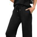 Saloogoe Two Piece Sets for Women Summer Outfits Lounge Sets V Neck Tops Wide Leg Pants Woman Vacation Travel Outfits (Large, Black)