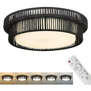 Black Rattan Ceiling Light, HWH 24W LED Flush Mount Close to Ceiling Light, 16'' Boho Light Fixtures Ceiling Twine Coastal Lighting Fixtures for Bedroom Hallway 5CCT Remote Control, 5HYS78MF-LED BK (15.7 Inch)