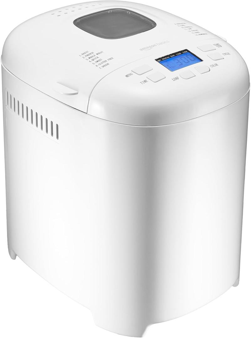 Amazon Basics Programmable Bread Maker, 2 Pound Non-Stick Automatic Bread Making Machine, With 14 Settings for Breads, Doughs, Gluten-Free Options and More, LCD Display, White