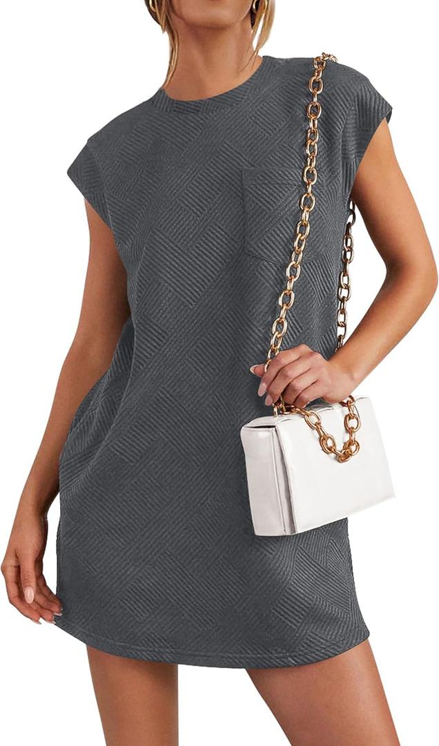 PRETTYGARDEN Women's Summer Short T Shirt Dress Cap Sleeve Crew Neck Casual Loose Basic Mini Dresses (Large, Dark Grey)